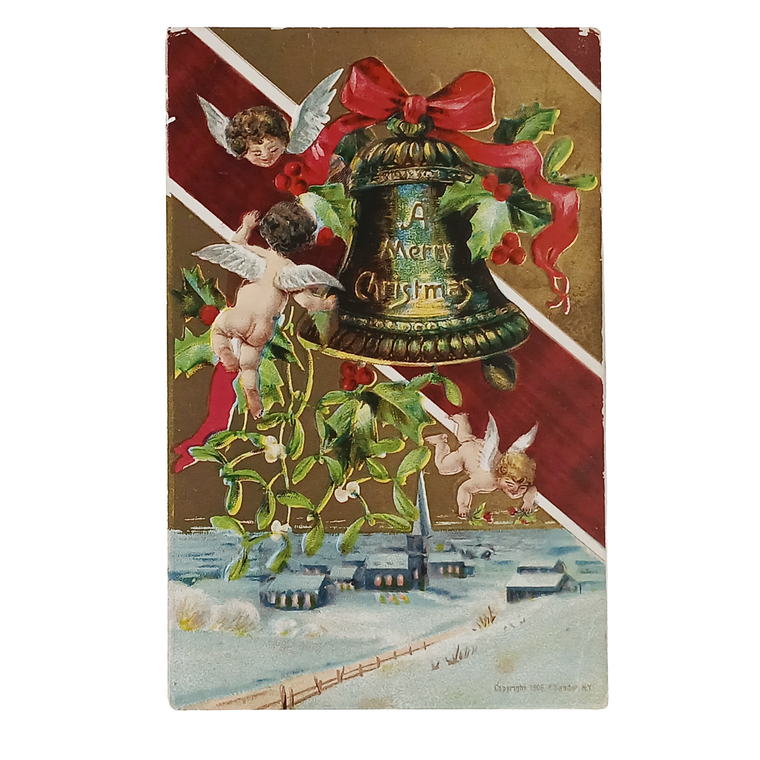 Antique Christmas Postcard, Angel Cherubs Giant Bell Above Village