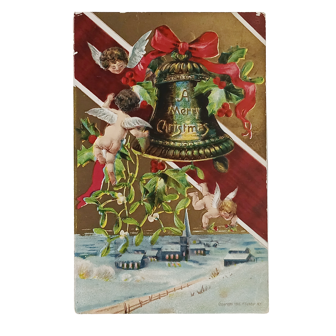 Antique Christmas Postcard, Angel Cherubs Giant Bell Above Village