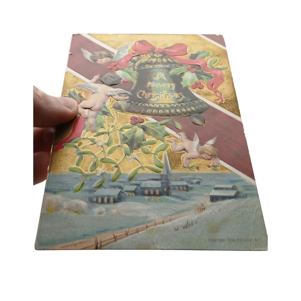 Antique Christmas Postcard, Angel Cherubs Giant Bell Above Village