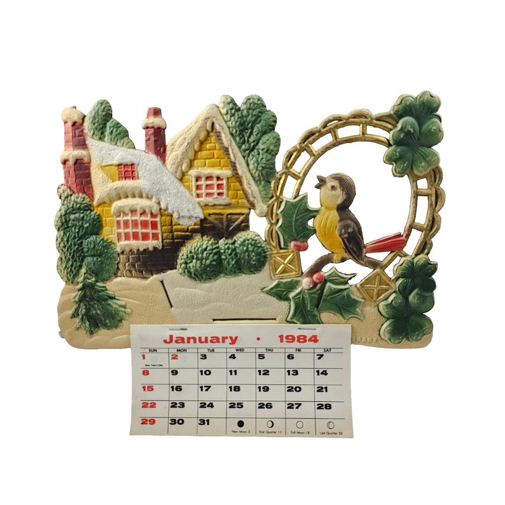 Large Vintage German Die Cut Heavy Embossed Calendar Winter House Bird