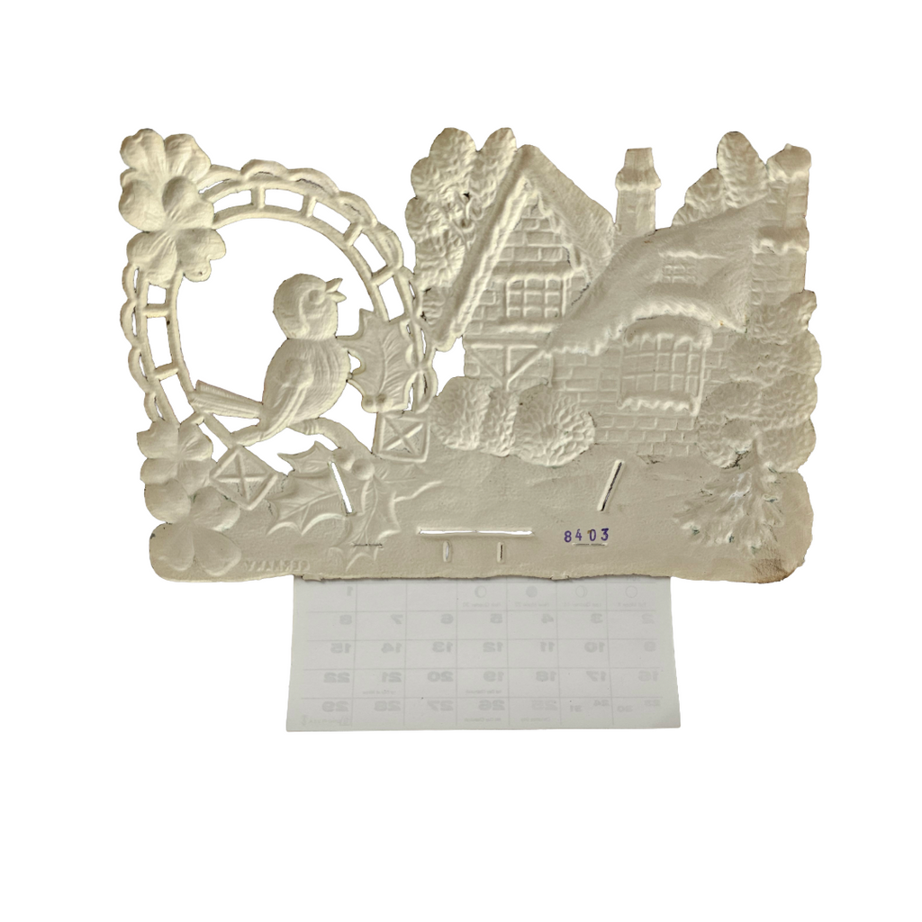 Large Vintage German Die Cut Heavy Embossed Calendar Winter House Bird