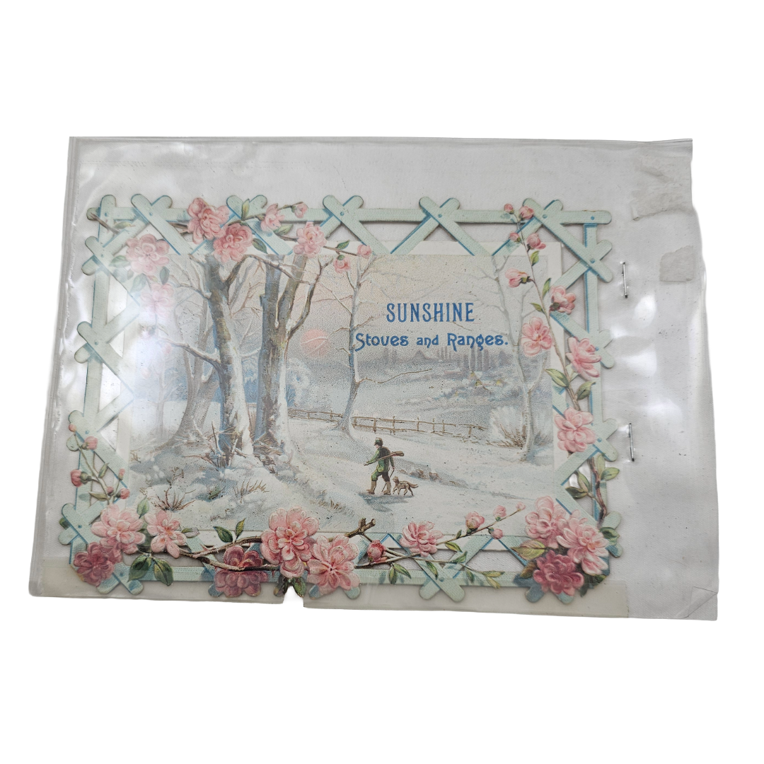 Antique 1800s Advertising Calendar Sunshine Stoves Winter Scene in Woods