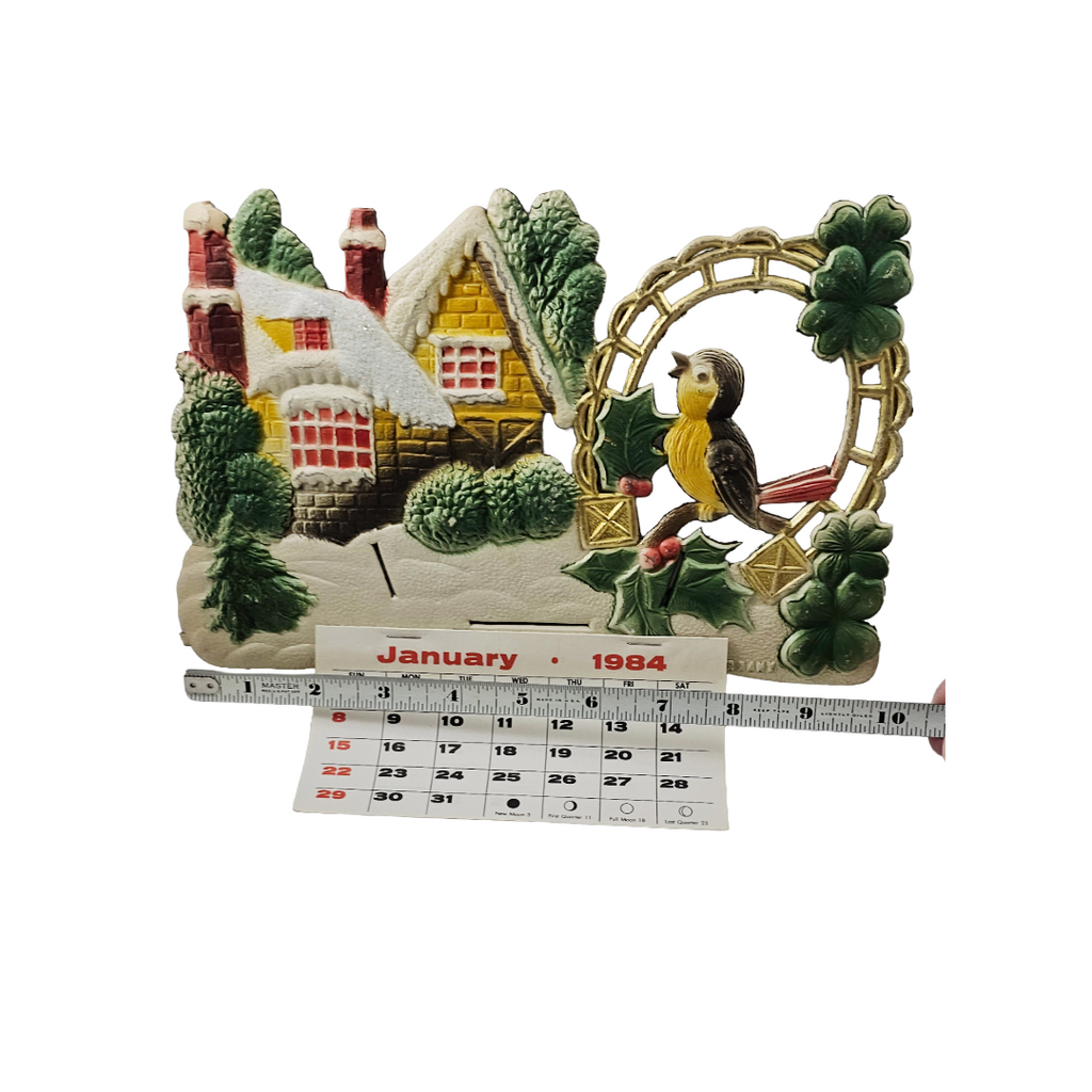 Large Vintage German Die Cut Heavy Embossed Calendar Winter House Bird