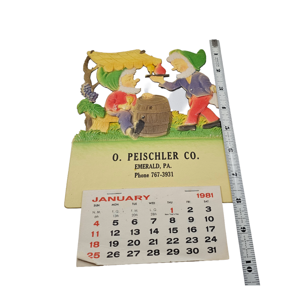 Vintage German Die Cut Heavy Embossed Calendar Elves Enjoying Wine