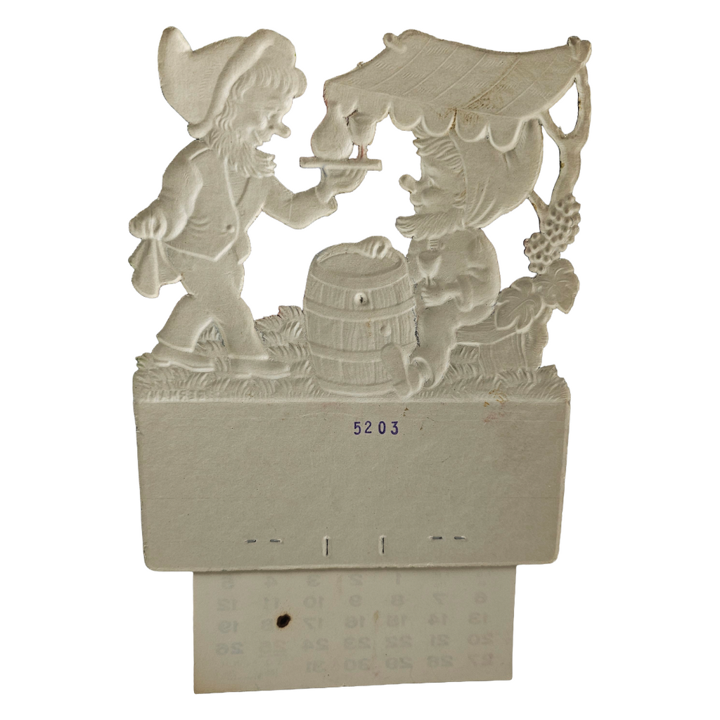Vintage German Die Cut Heavy Embossed Calendar Elves Enjoying Wine