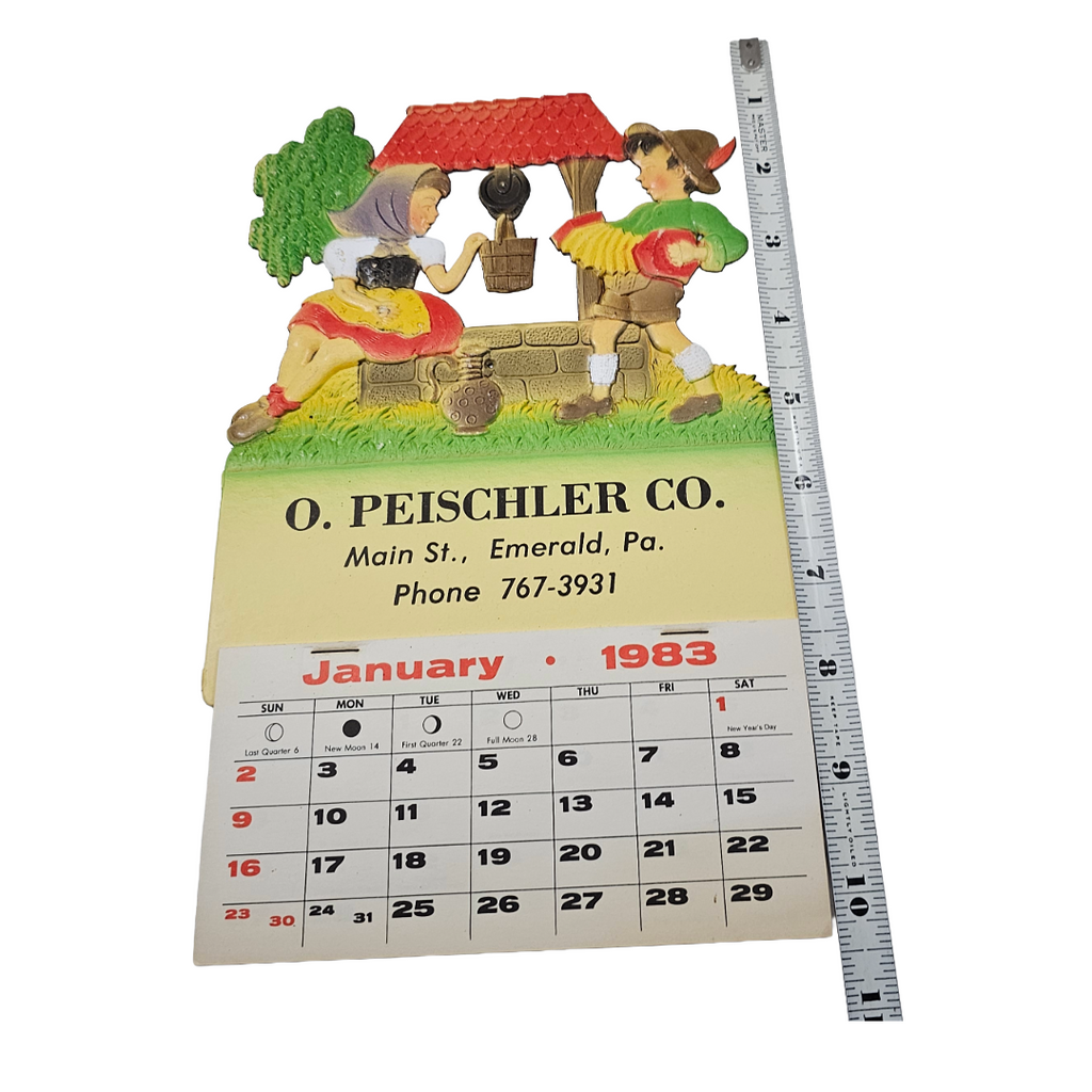 Vintage German Die Cut Heavy Embossed Calendar German Children Playing at Well