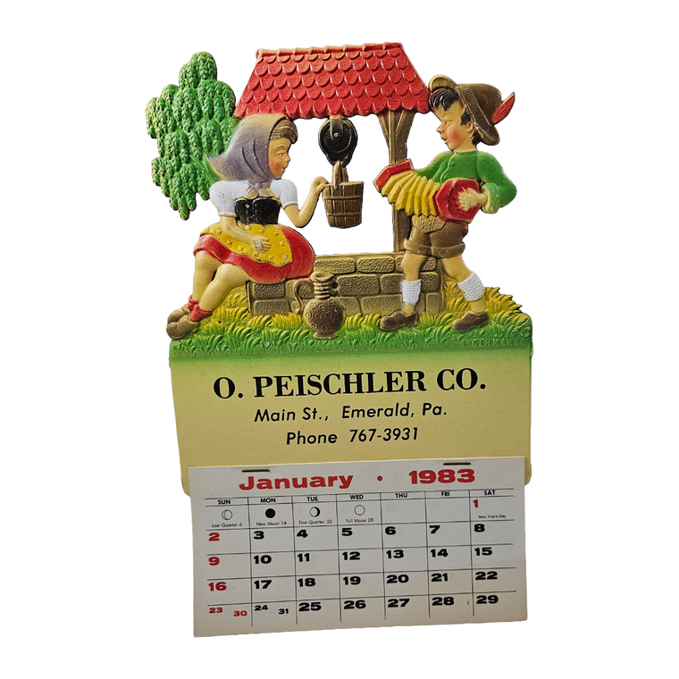 Vintage German Die Cut Heavy Embossed Calendar German Children Playing at Well