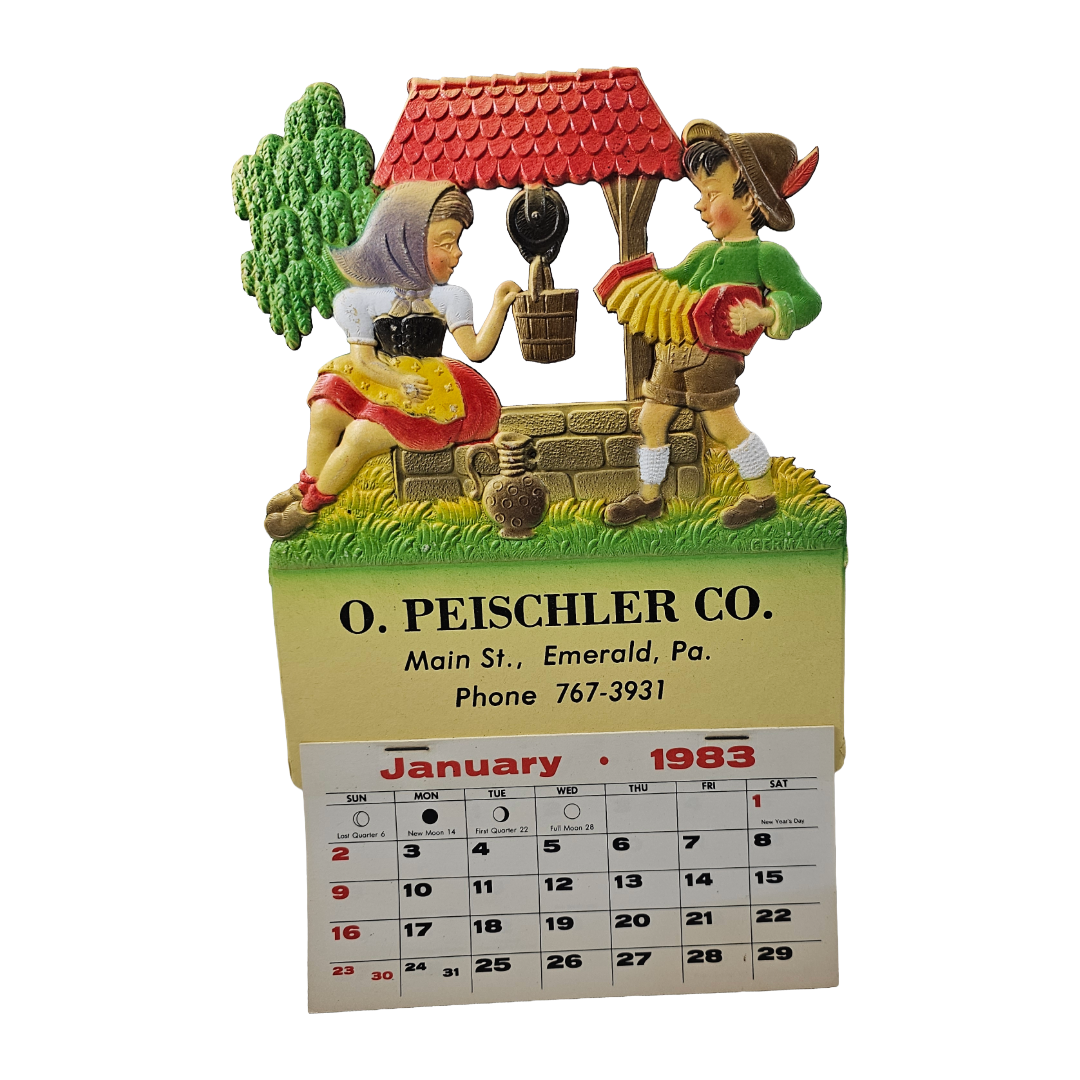 Vintage German Die Cut Heavy Embossed Calendar German Children Playing at Well