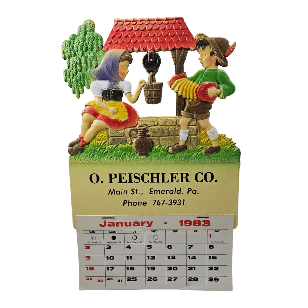 Vintage German Die Cut Heavy Embossed Calendar German Children Playing at Well