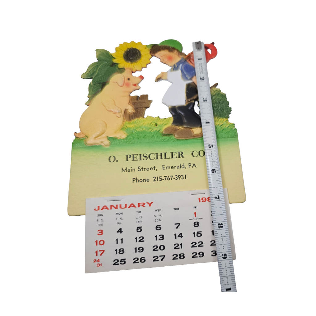 Vintage German Die Cut Heavy Embossed Calendar Boy w/ Smiling Pig Under Sunflower