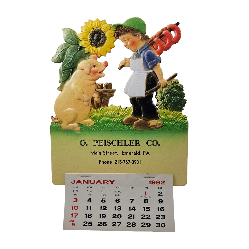 Vintage German Die Cut Heavy Embossed Calendar Boy w/ Smiling Pig Under Sunflower