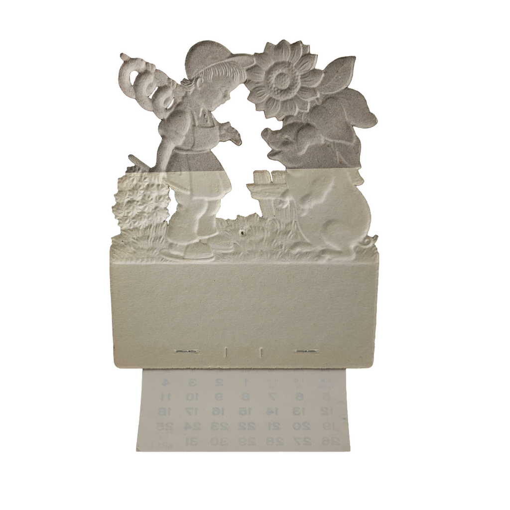Vintage German Die Cut Heavy Embossed Calendar Boy w/ Smiling Pig Under Sunflower