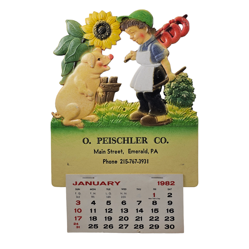 Vintage German Die Cut Heavy Embossed Calendar Boy w/ Smiling Pig Under Sunflower