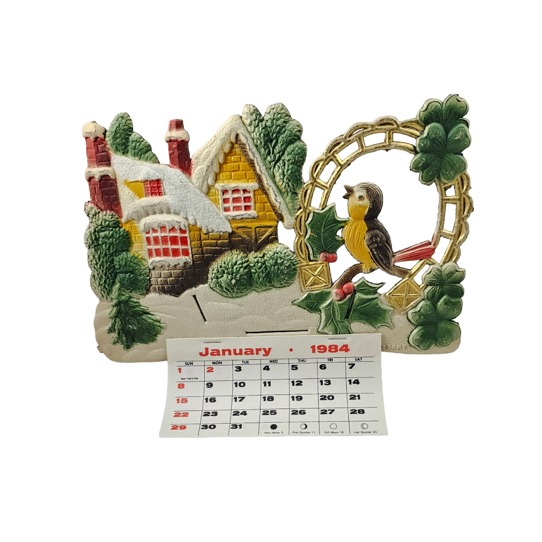 Large Vintage German Die Cut Heavy Embossed Calendar Winter House Bird