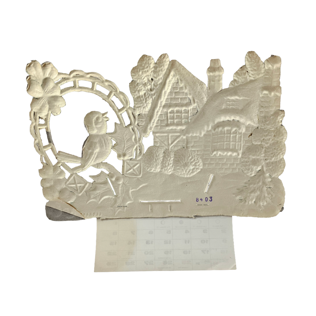 Large Vintage German Die Cut Heavy Embossed Calendar Winter House Bird