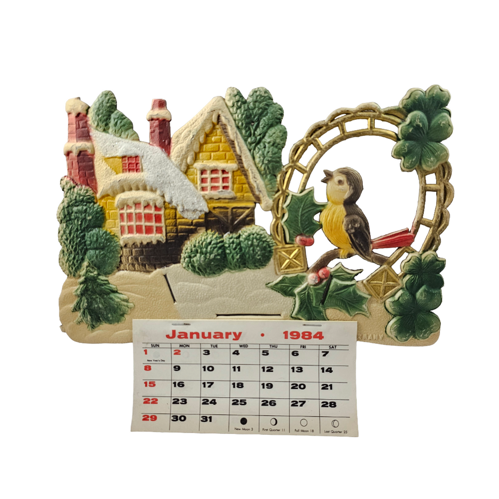 Large Vintage German Die Cut Heavy Embossed Calendar Winter House Bird
