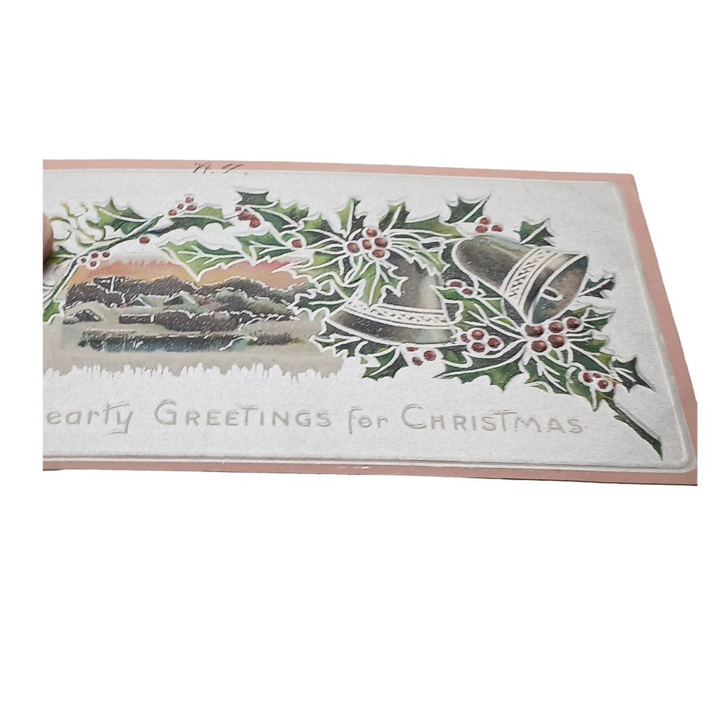 Christmas Postcard Snowy Landscape Silver Embossed Bell & Holly