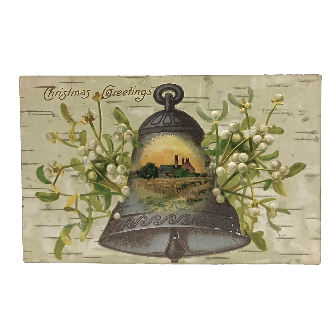 Christmas Postcard Silver Embossed Bell with Landscape Flowers