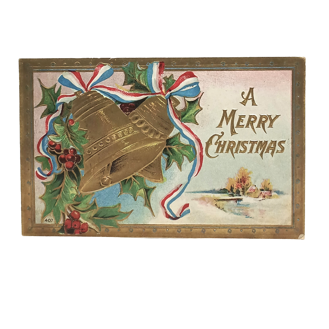 Christmas Postcard Gold Bells with Red White Blue Ribbon Series 407