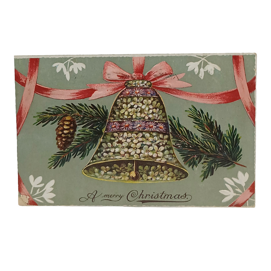 Christmas Postcard Snowy Landscape Silver Embossed Bell & Holly