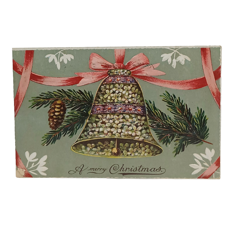 Christmas Postcard Snowy Landscape Silver Embossed Bell & Holly