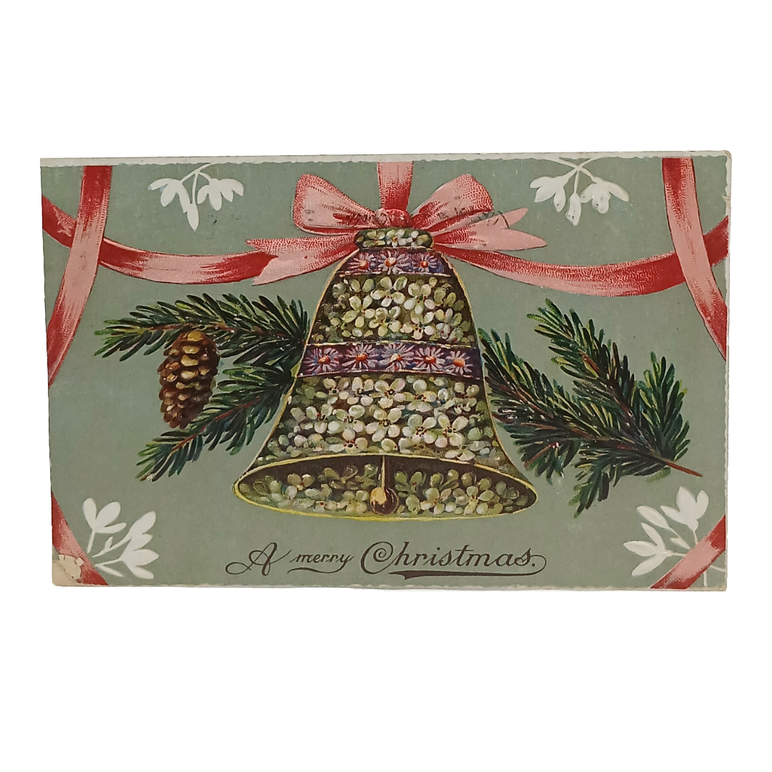 Christmas Postcard Snowy Landscape Silver Embossed Bell & Holly