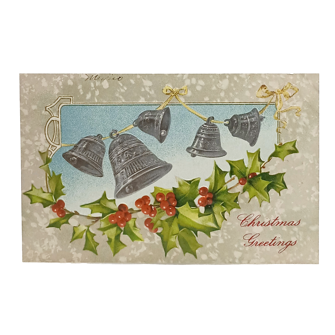 Christmas Postcard Silver Bells Holly Gold Ribbons Winsch Pub