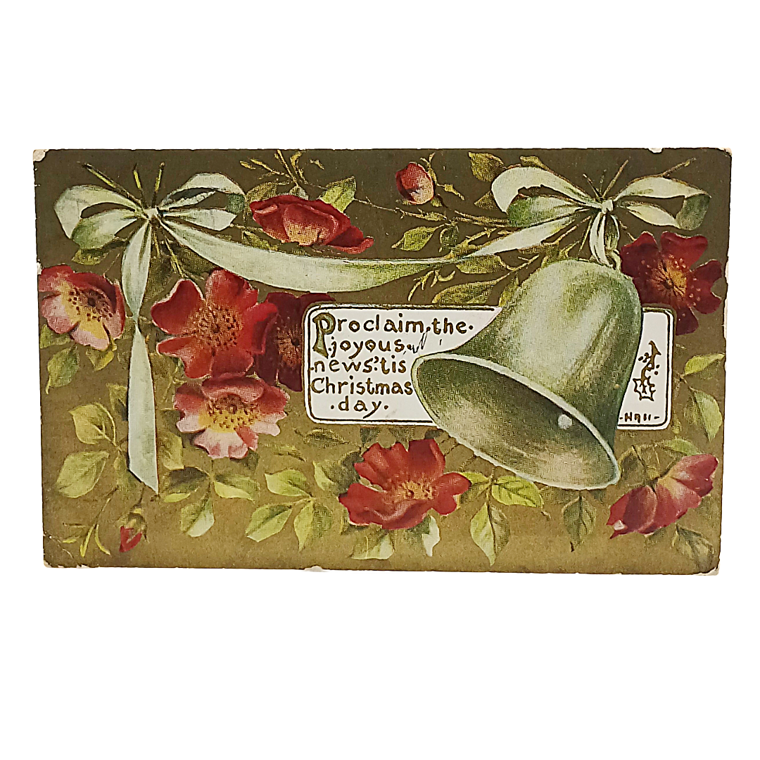 Christmas Postcard Silver Bell with Ribbons & Flowers Gold Background