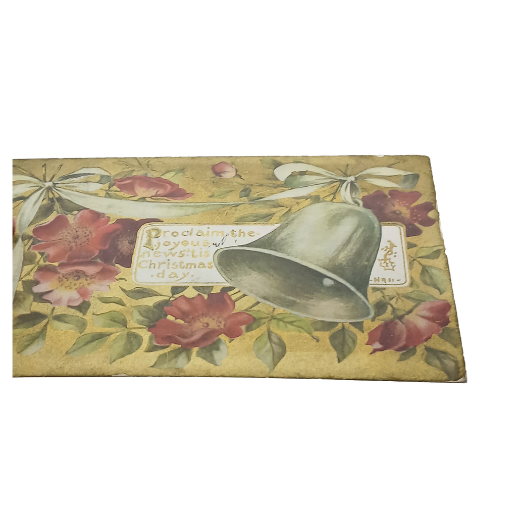 Christmas Postcard Silver Bell with Ribbons & Flowers Gold Background