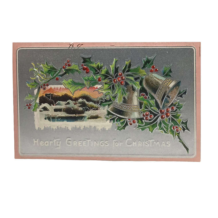 Christmas Postcard Snowy Landscape Silver Embossed Bell & Holly