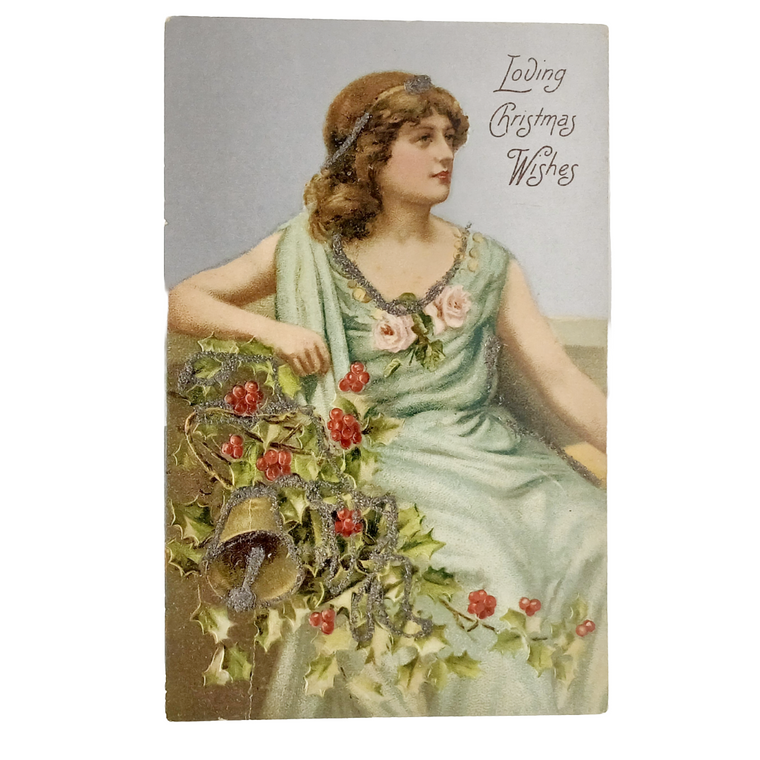 Christmas Postcard Edwardian Beauty w/ Holly Silver Embossed Glitter Applied