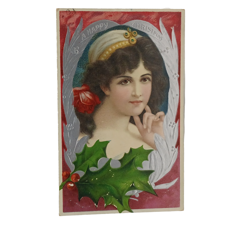 Christmas Postcard Portrait of Gypsy Edwardian Woman Red Silver Background