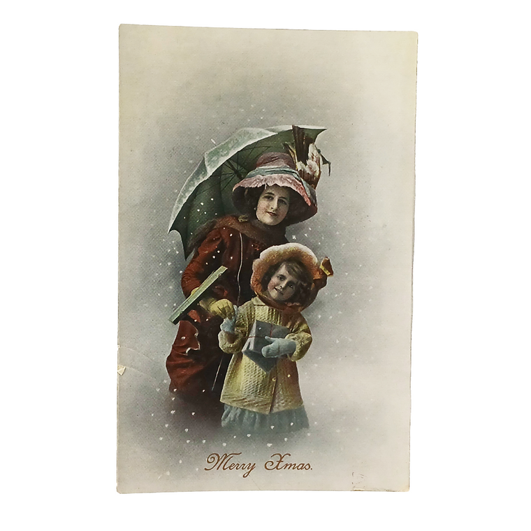 Christmas Postcard RPPC Style Hand Tinted Mother Child Under Umbrella in Snow