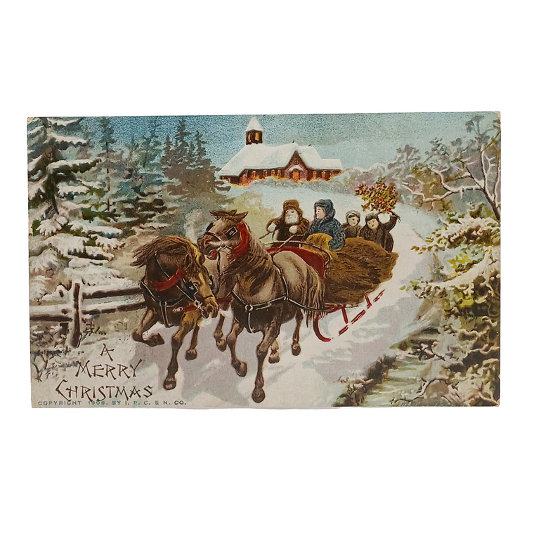 Christmas Postcard Horse Drawn Wagon Full of Family on Snowy Lane