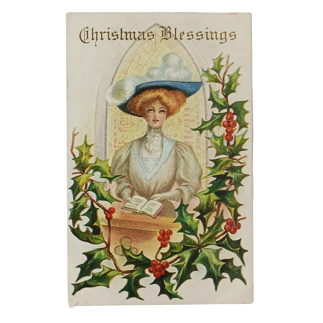 Edwardian Christmas Postcard Gibson Girl Reading Hymn Book Holly Border