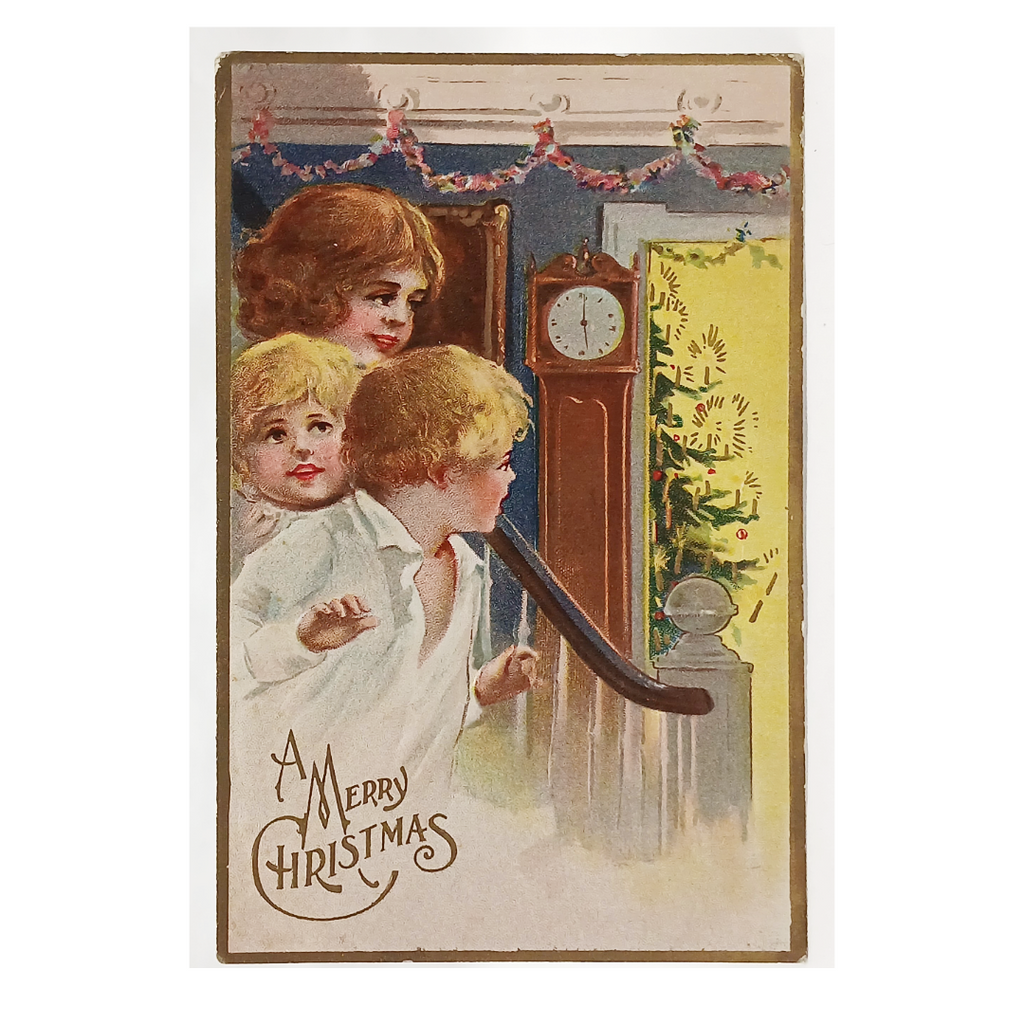Christmas Postcard Children Sneaking Down Stairs Juvenile Series Gold Border