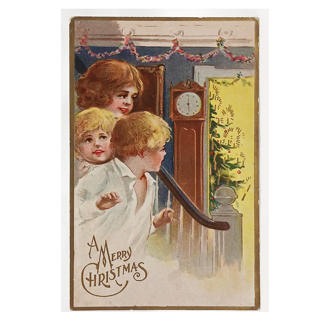 Christmas Postcard Children Sneaking Down Stairs Juvenile Series Gold Border