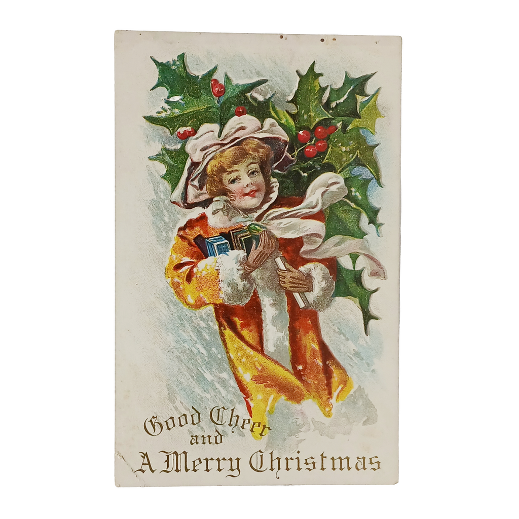 Christmas Postcard Young Girl in Snow Holly Background