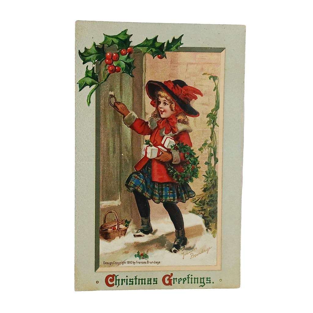Frances Brundage Christmas Postcard: Girl with Gifts, Series 200