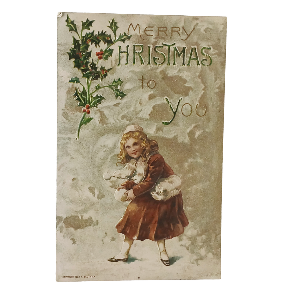 Christmas Postcard Young Girl Throwing Snowballs