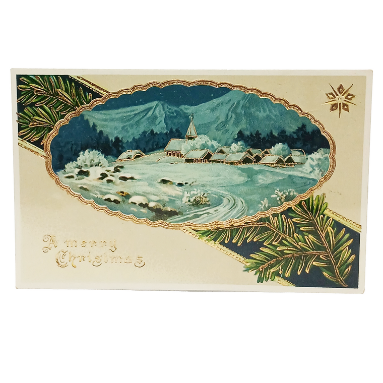 Christmas Postcard Snow Covered Mountainside Town Gel Finish Gold Highlights