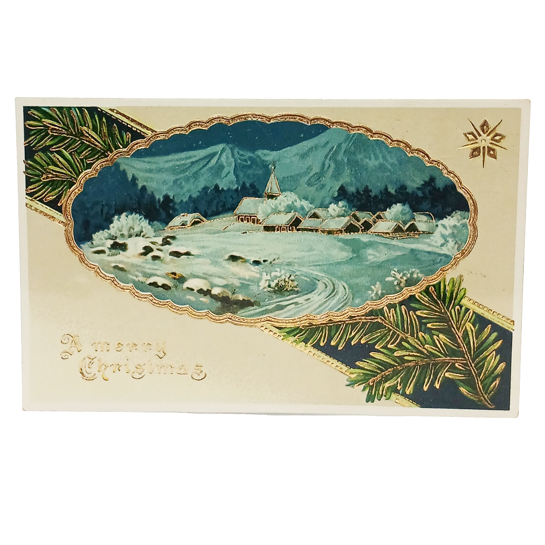 Christmas Postcard Snow Covered Mountainside Town Gel Finish Gold Highlights