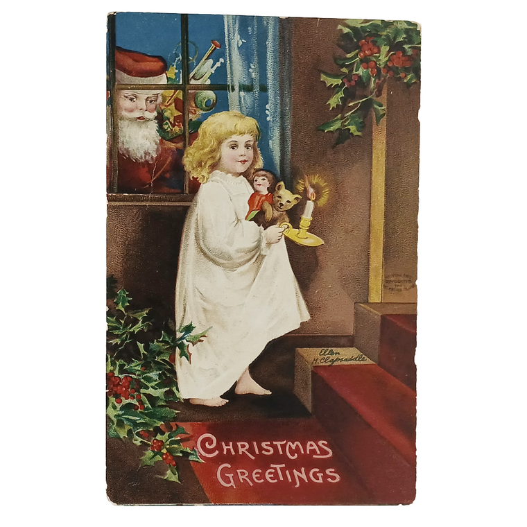 Christmas Postcard Santa Claus Peaking in Window Girl on Stairs Artist Clapsaddle