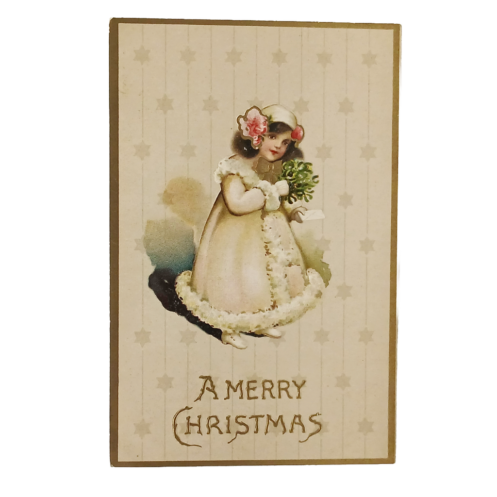 Edwardian Christmas Postcard Young Girl in Winter Holding Bouquet Gold Embossed
