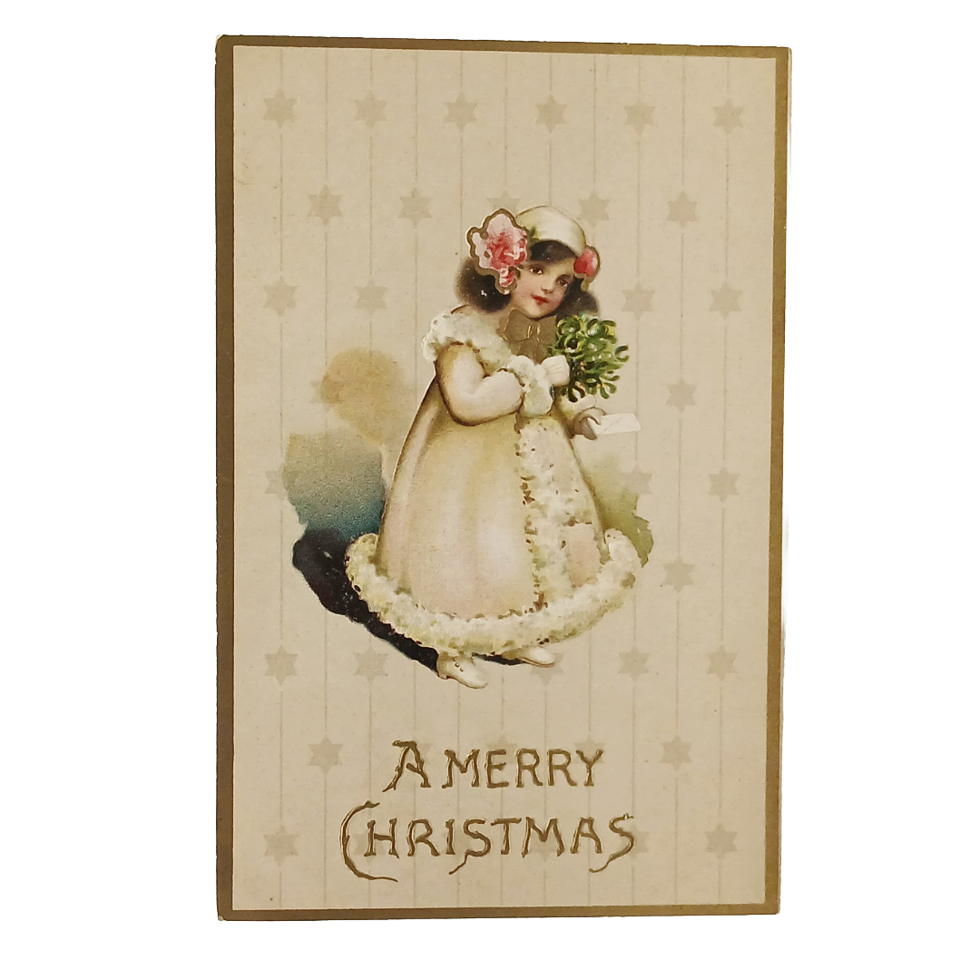 Edwardian Christmas Postcard Young Girl in Winter Holding Bouquet Gold Embossed