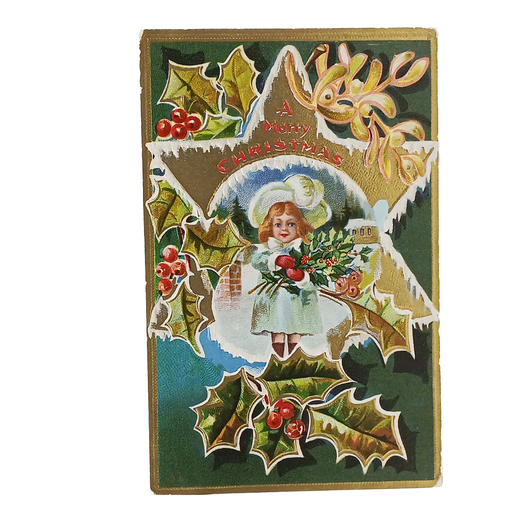 Christmas Postcard Young Girl in Winter Gold Embossed Leaf Series 205