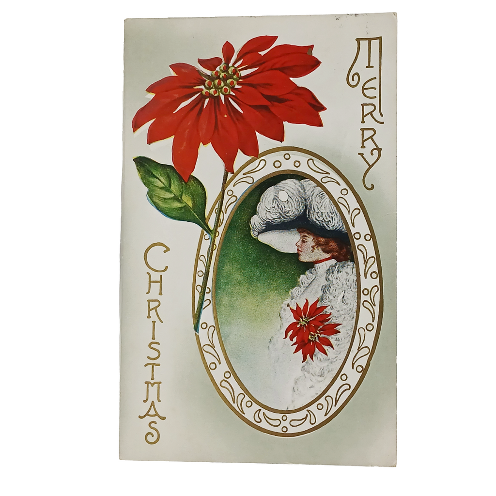 Edwardian Christmas Postcard Woman in Feather Hat with Poinsettias Gold Embossed