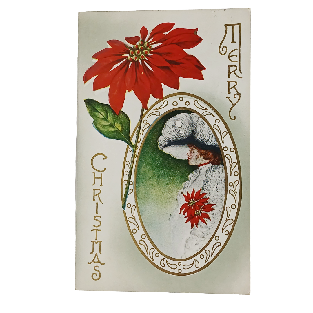 Edwardian Christmas Postcard Woman in Feather Hat with Poinsettias Gold Embossed
