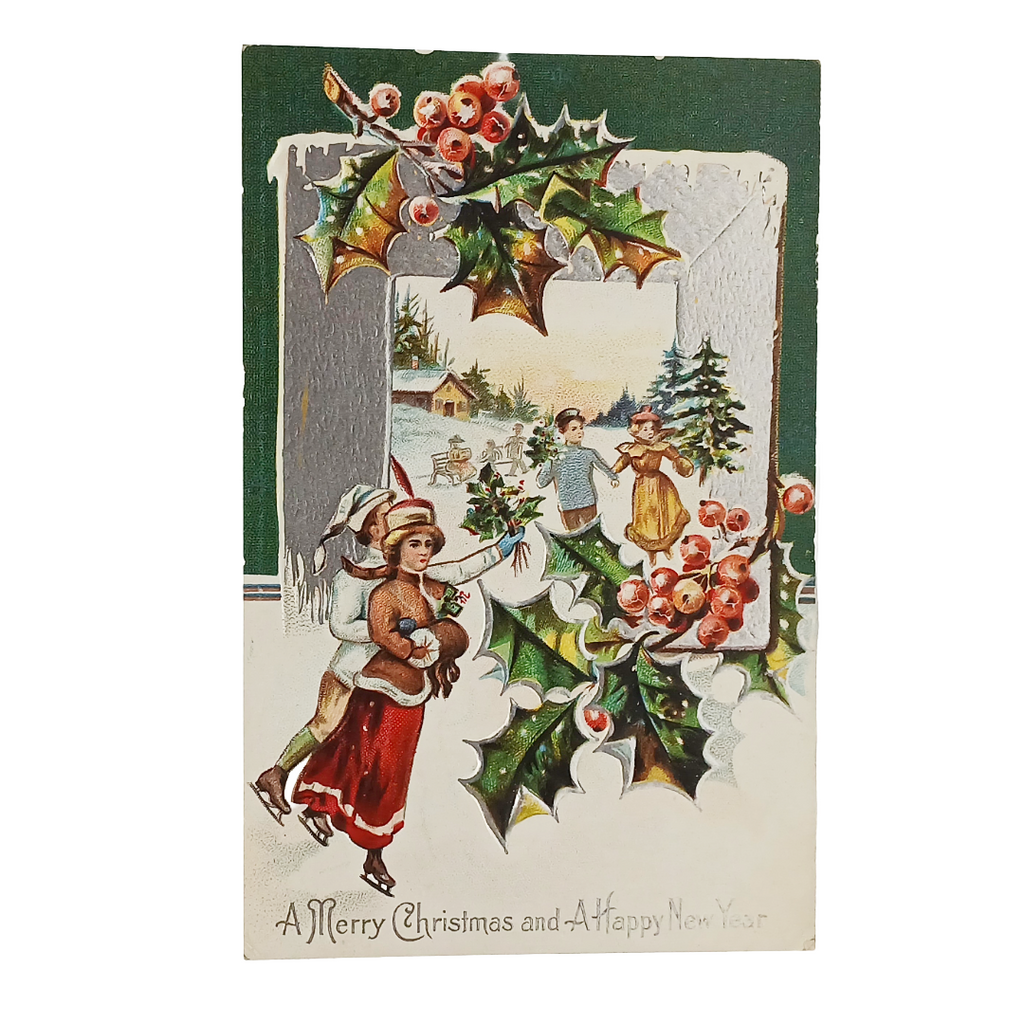Edwardian Christmas Postcard People Ice Skating Silver Embossed Children Series 1