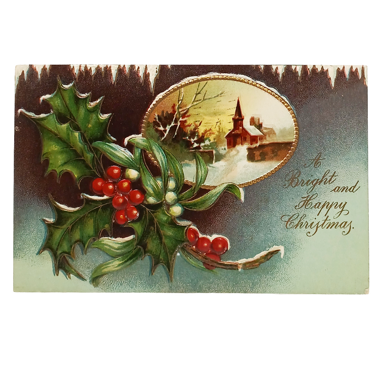 Christmas Postcard Gold Embossed Holly Church in Snow Series 765 IAP